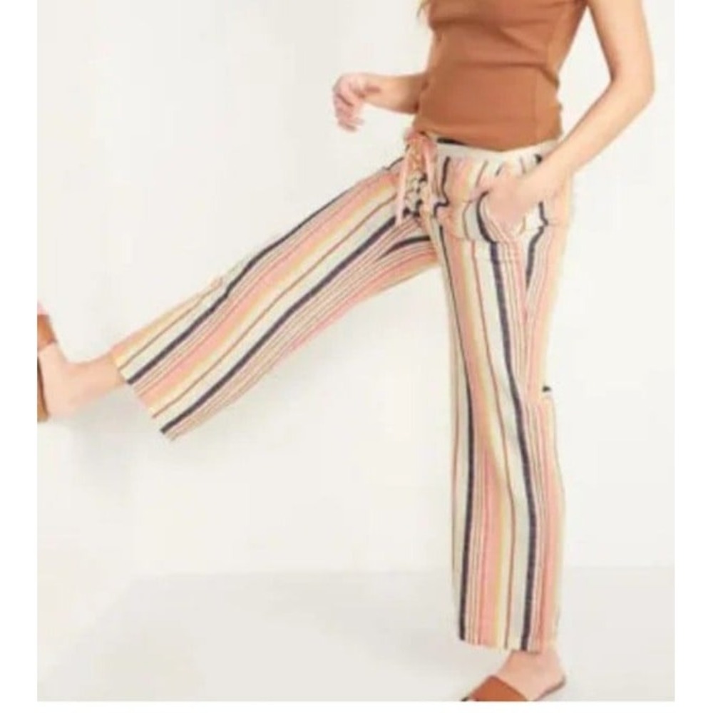 Old Navy Women‎ SZ S linen blend Pants striped pull on pockets tie waist Beachy